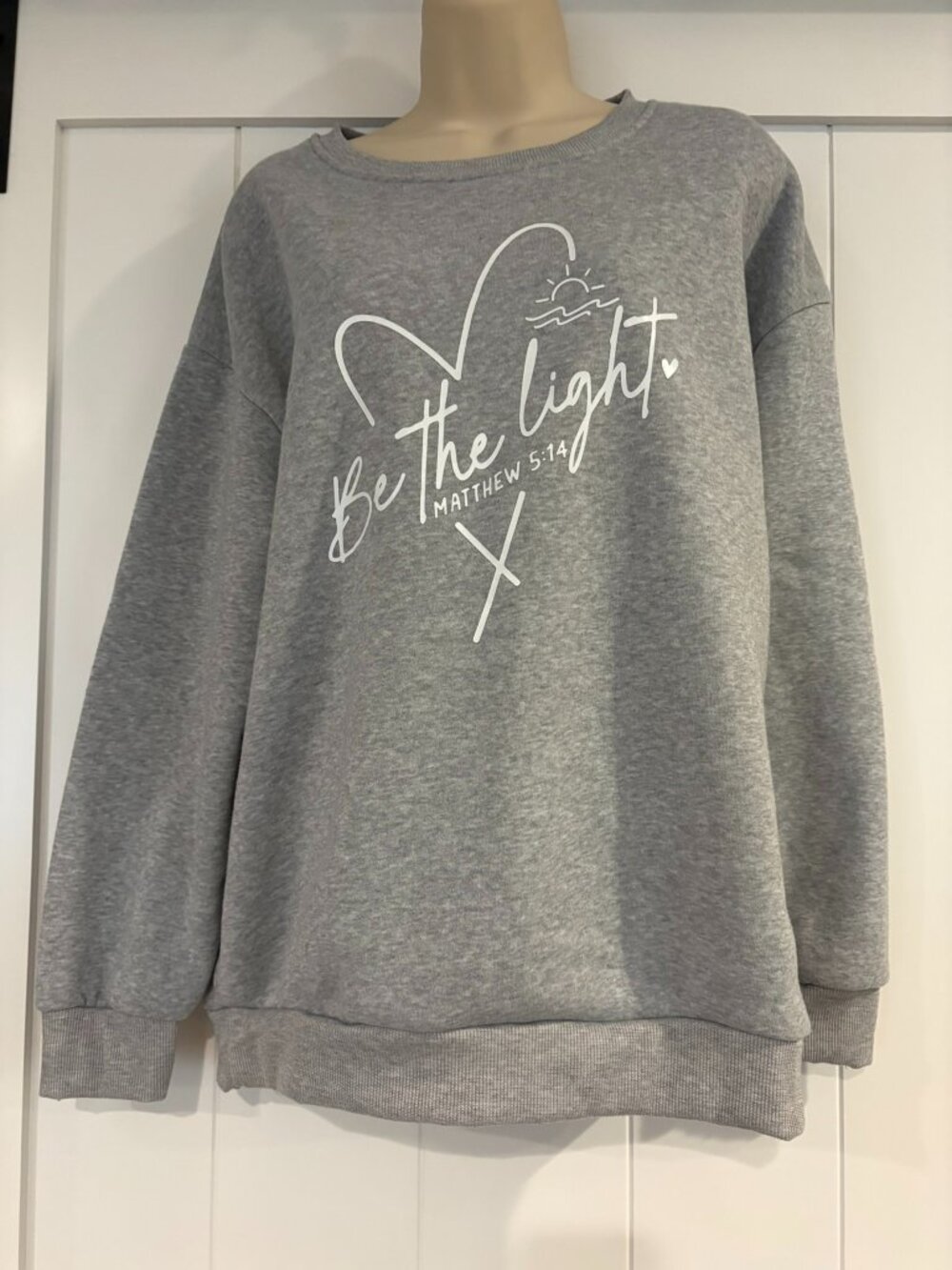 "Be the Light" warm gray sweatshirt, size L